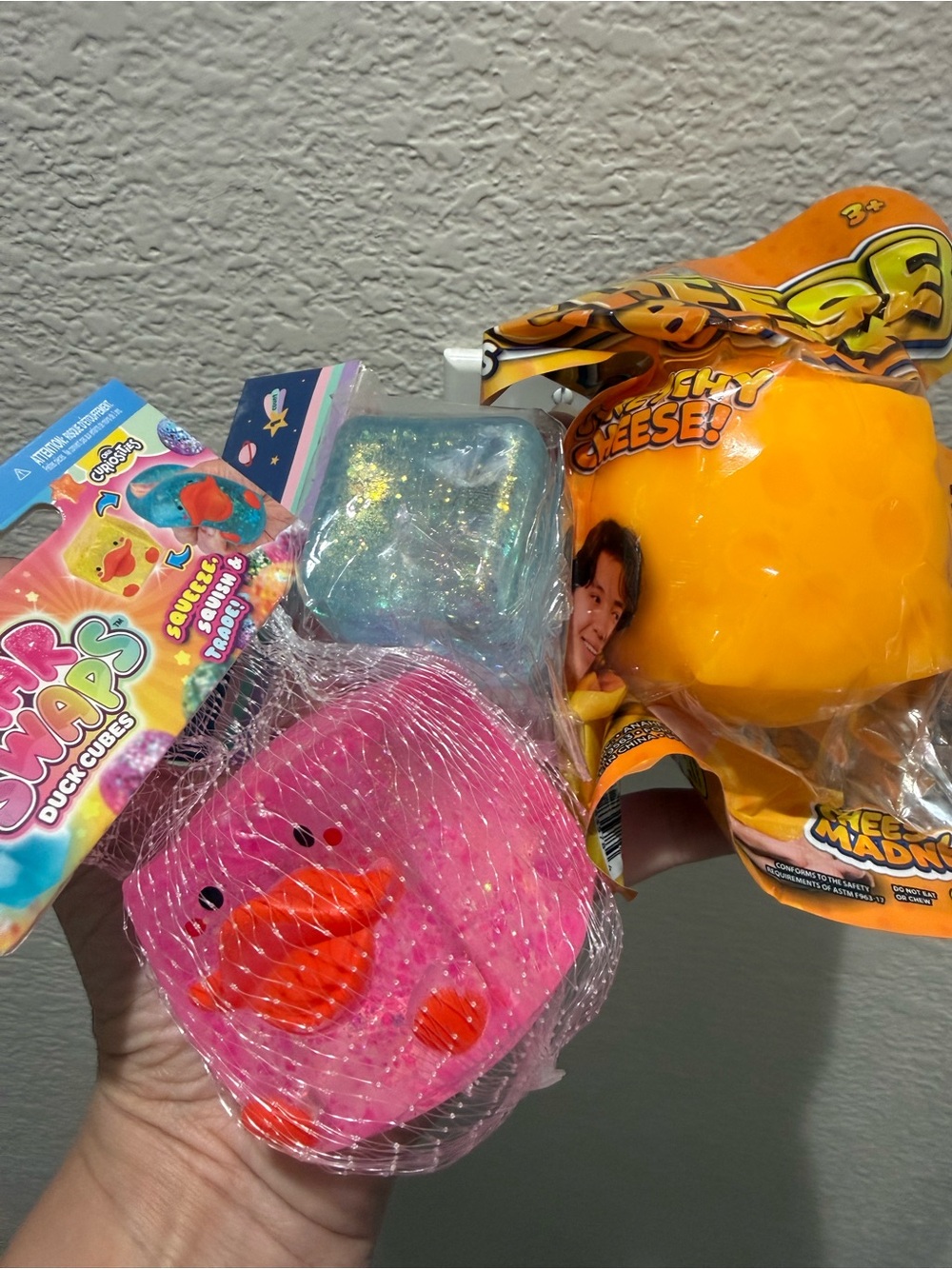 Bundle of 3: Sugar Swap Duck Cube, Glitter Cube & Cheese Squishy Toy.